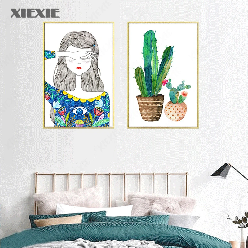 

Small Fresh Colorful Painted Plant Cactus Girl Canvas Painting Art Print Poster Picture Wall Art Nordic Home Decoration