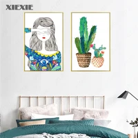 small fresh colorful painted plant cactus girl canvas painting art print poster picture wall art nordic home decoration