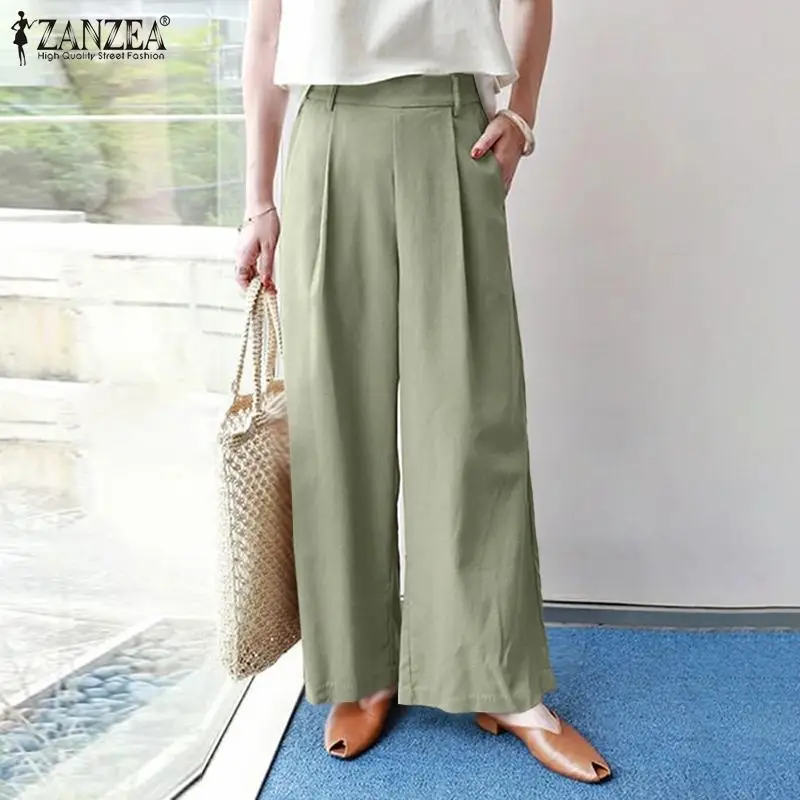 

ZANZEA Vintage Femme Pleated Pocket Pants Work Pants Autumn Pantalon Casual Wide Leg Trouser Women Elegant Elastic Waist Palazzo