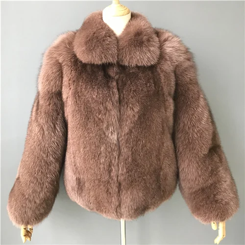 Brown Женская шуба из натурального Лисьего меха, роскошные шубы из цельного лисьего меха, зимняя теплая верхняя одежда, модная стильная куртка из натурального меха - Цвет: Brown