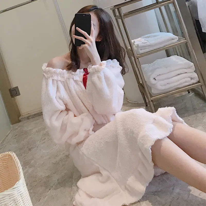 SOUGEN Flannel Sleepwear Women Sweet Pink Nightgowns Ruffles Neck Loose Sleepwear  for Women Plus Size Thick Autumn Winter