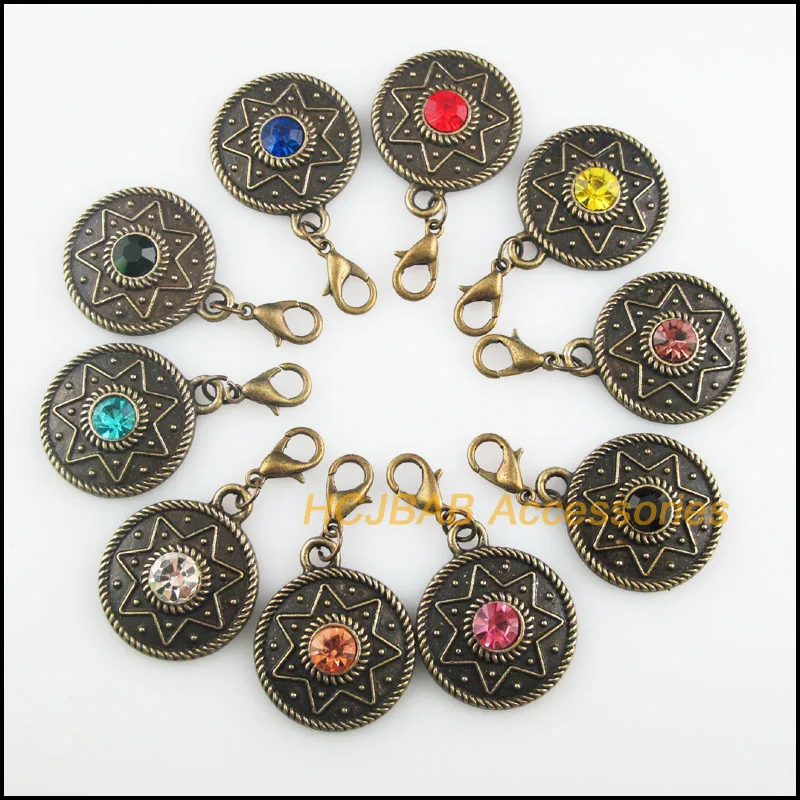 

10Pcs Antiqued Bronze Tone Star Retro Mixed Round Crystal 22x26.5mm With Lobster Claw Clasps Charms
