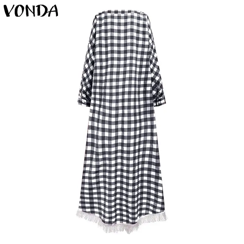 

VONDA Autumn Dress 2021 Women Dresses Sexy V Neck Vintage Plaid Printed Baggy Long Sleeve Bohemian Vestidos Elegant Sundress