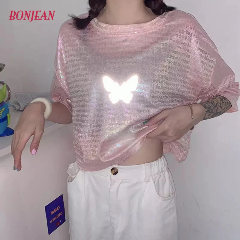

2020 NEW Pink T-shirts Butterfly Print Reflective Tops Loose Shirt Summer Short Women's Oversized Streetwear