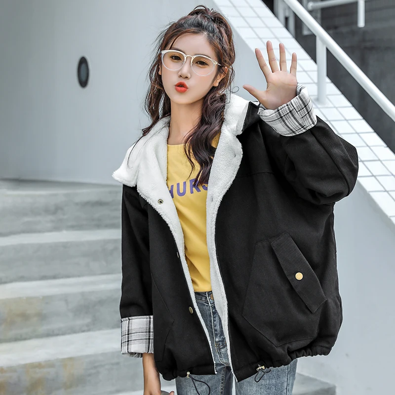 

Autumn Winter Women Jacket Hooded Coat Single Breasted Long sleeve Thick Warm Lambswool Jackets Female Loose Plus size Outerwear