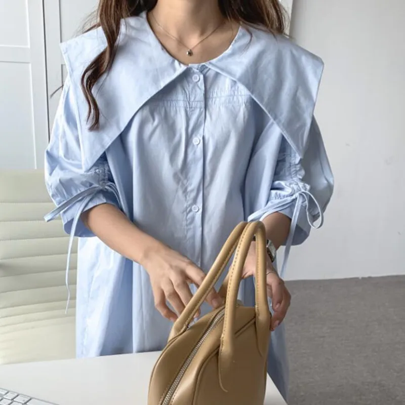 

HziriP Summer Sweet Peter Pan Collar Chic Fashion All-Match Casual Ladies 2021 Gentle Solid Color Design Sense Drawstring Dress