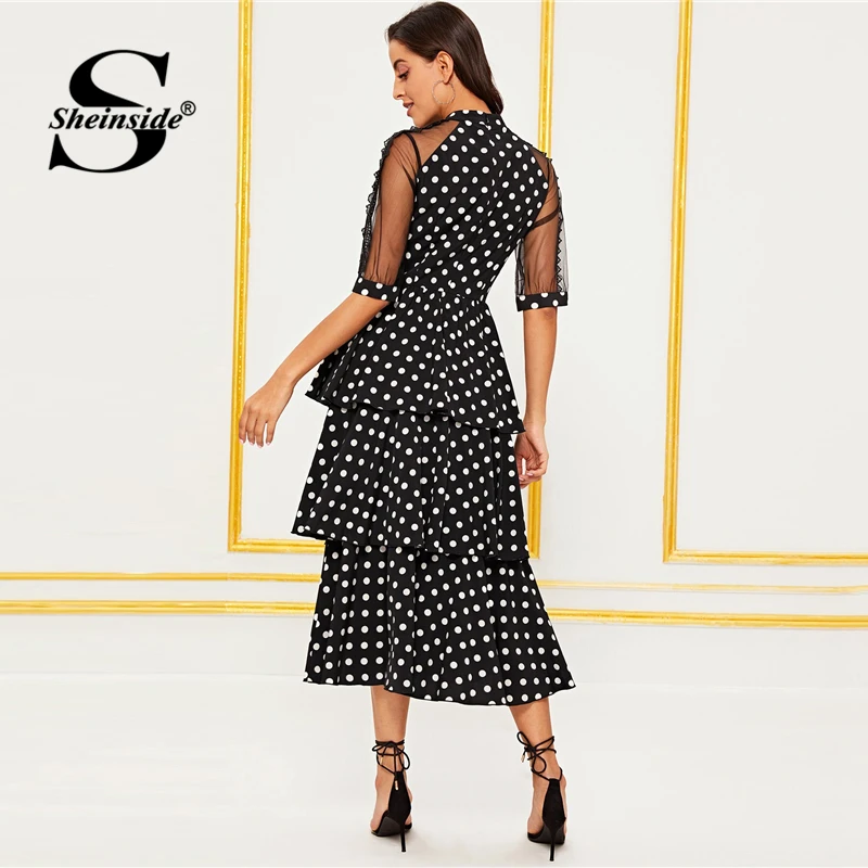 Sheinside элегантный в горошек многослойное гофрированное платье для женщин осеннее контрастное Сетчатое платье с рукавами реглан дамское черное платье