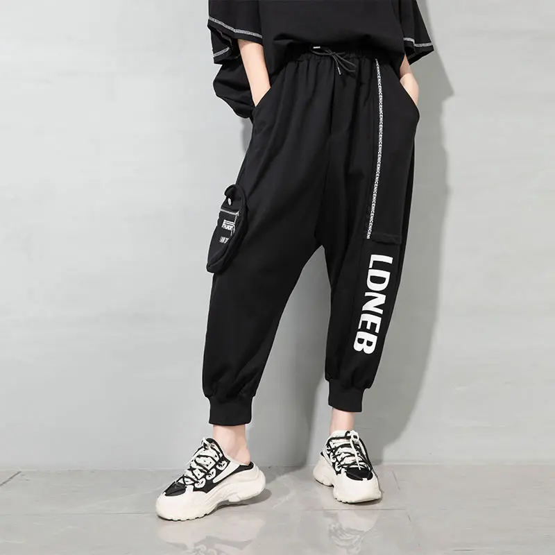 

XITAO Black Pants Fashion New Women Print Letter Pocket Pleated Elastic Waist Small Fresh Casual Style Minority 2021 WLD6438