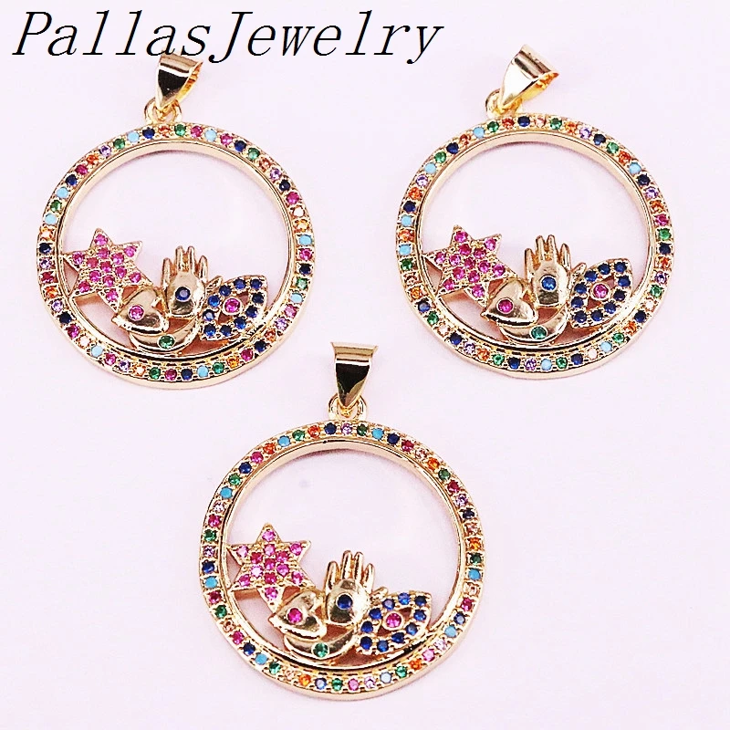 

10Pcs Fashion colorful CZ micro paved circle round eye/heart/hand charm pendant necklaces women jewelry