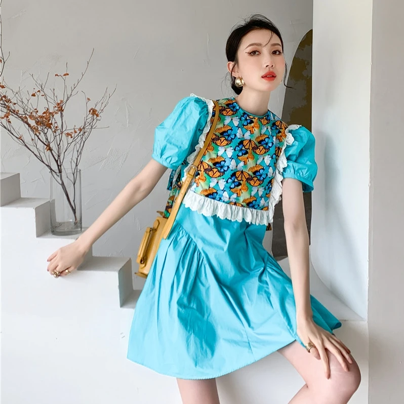 

Kimotimo Woman Blue Dress Korean Chic Vintage Puff Sleeve Back Hollow Out Lace Up Short Dress Summer Design Vestido Feminino