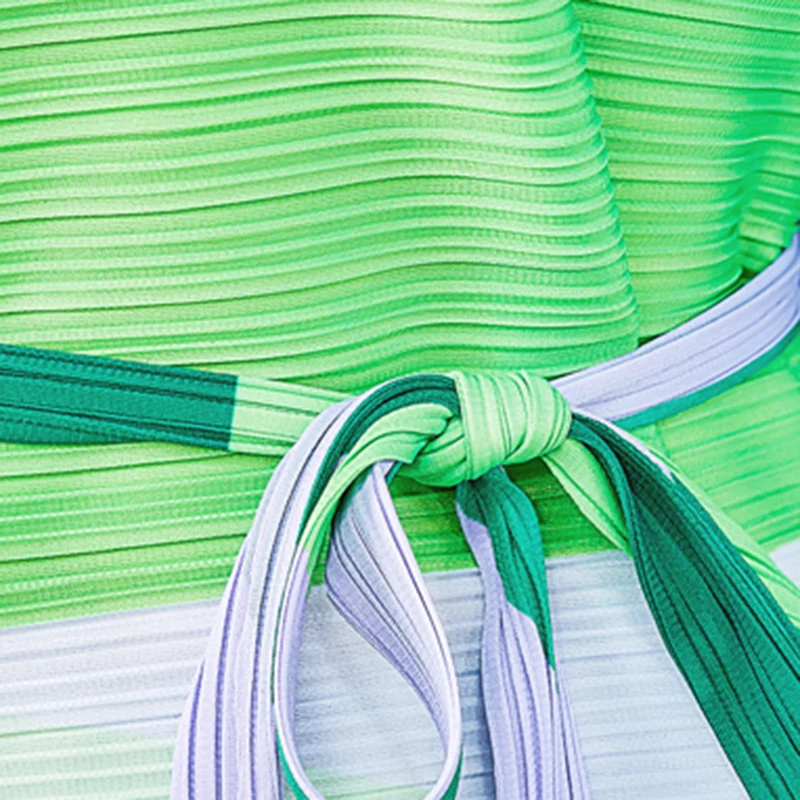 

CHICEVER Pleated Multicolor Dress For Women O Neck Long Sleeve High Waist Sashes Hit Color Print Mid Dresses Female 2021 Clothes