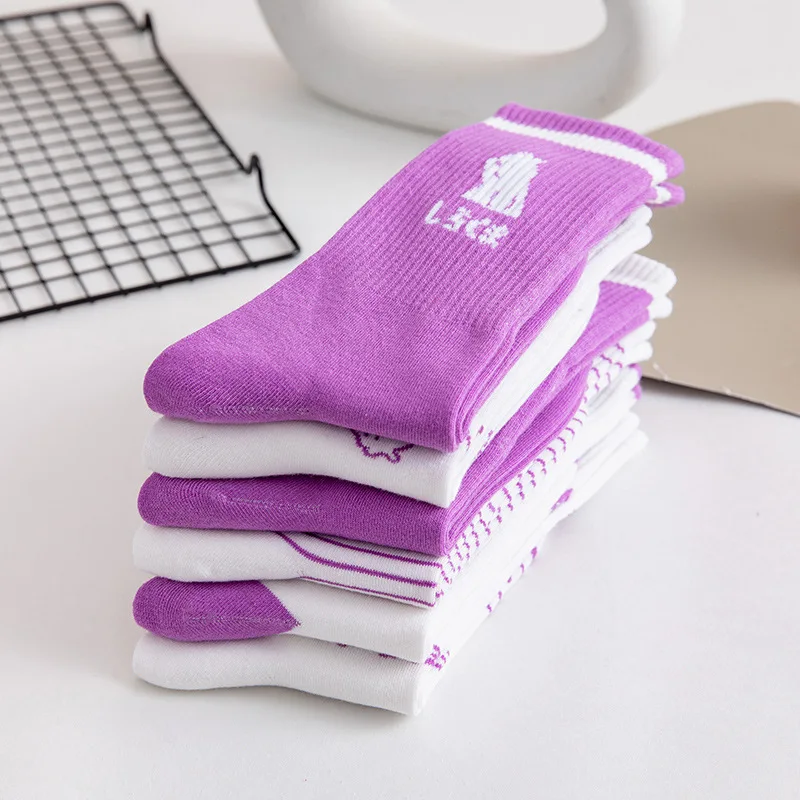 Spring And Summer Women's Cotton Socks Mid-waist Fashion Bear Socks Japanese Cute Cartoon Purple Women's Socks Harajuku College