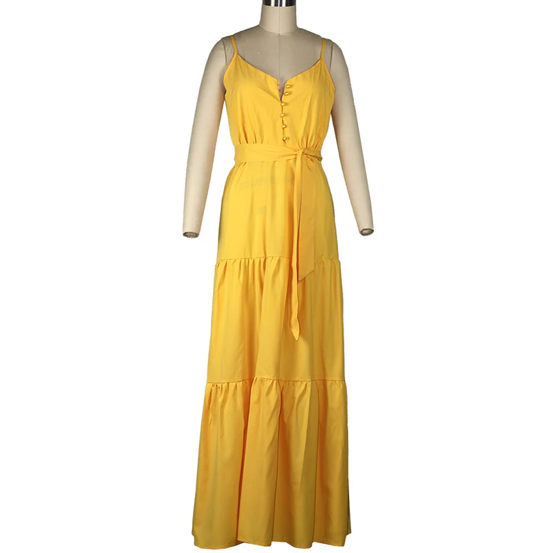 

Sleeveless Long Dress Women Fashion V-neck Botton Stitching Spaghetti Strap Dress Summer Ladies Party Maxi Dresses Beachwear
