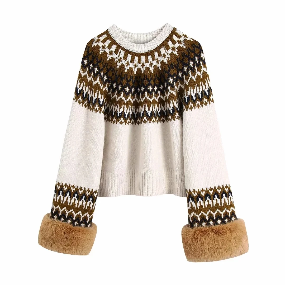 

Retro Bohemian Striped Women Sweater Warm Autumn Winter Knitted Pullovers Long Sleeve Faux Fur Stylish Office Lady Wear