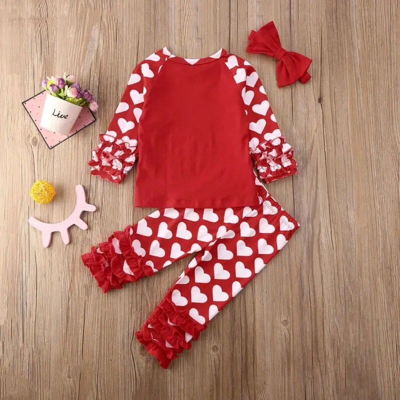 0-24M Valentine's Day Baby Girl Outfits Newborn Infant Red Heart Long Sleeve T shirt Ruffle Pants Costumes | Мать и ребенок