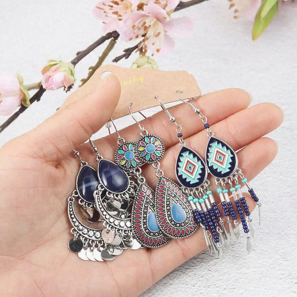 

Mixed Vintage Boho Earrings Set For Women Silver Color Feather Tassel Dangle Drop Earrings Charm Ethnic Set Jewelry Accessories