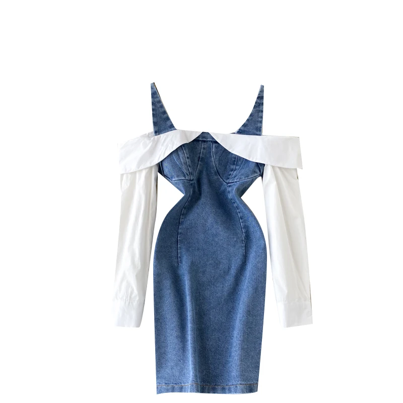 

Spring New Fashion Slash Neck Color Stitching Retro Denim Dress Women Long Sleeve Sexy Clothes Harajuku Vestidos De Mujer J120
