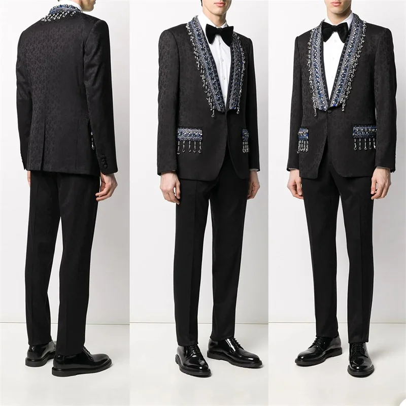 Costume Homme Men Suits 2 Pieces Luxury Crystal One Button High Quality Slim Fit Formal Business Wedding Causal Prom