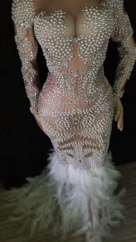 Женская сексуальная сценическая сетка блестящее платье с кристаллами и жемчугом