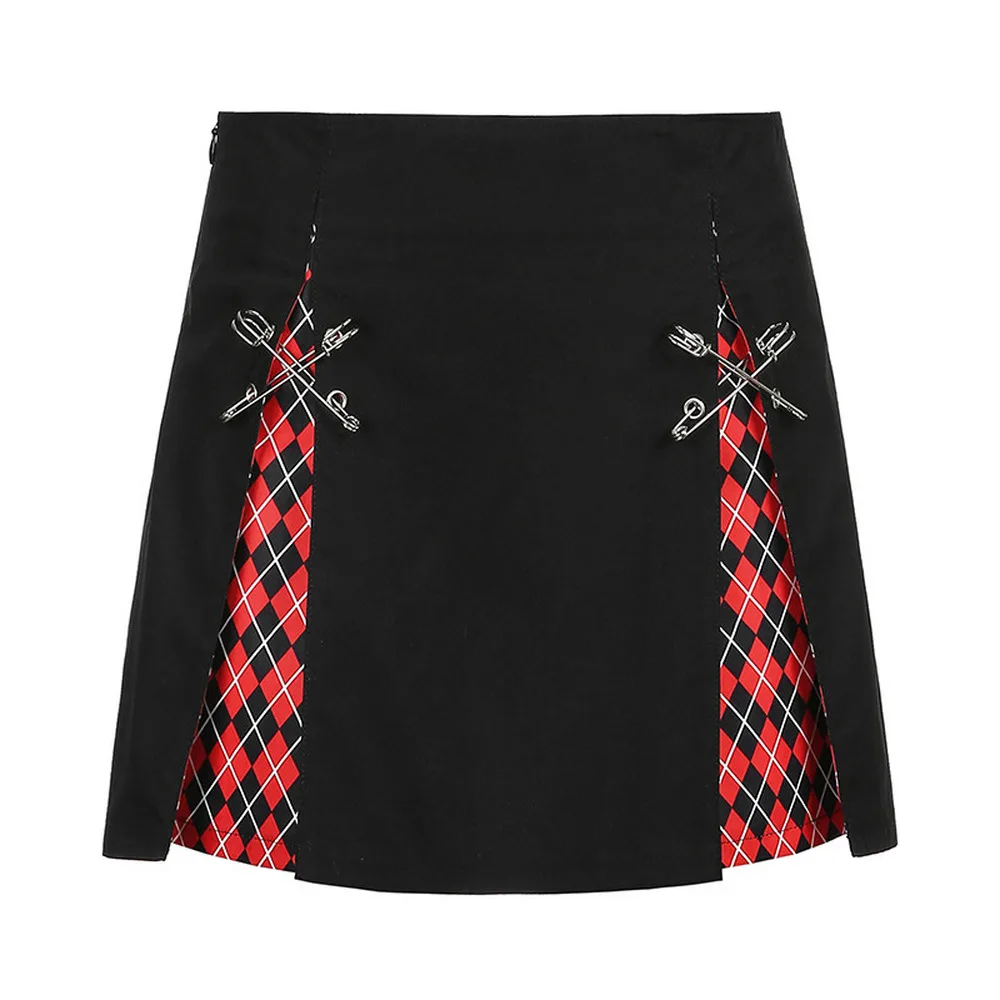 

2021 Vintage Plaid Print A-Line Gothic Skirts Mall Goth Black High Waist EGirl Sexy Mini Skirt Women Pin Patchwork Emo Clubwear
