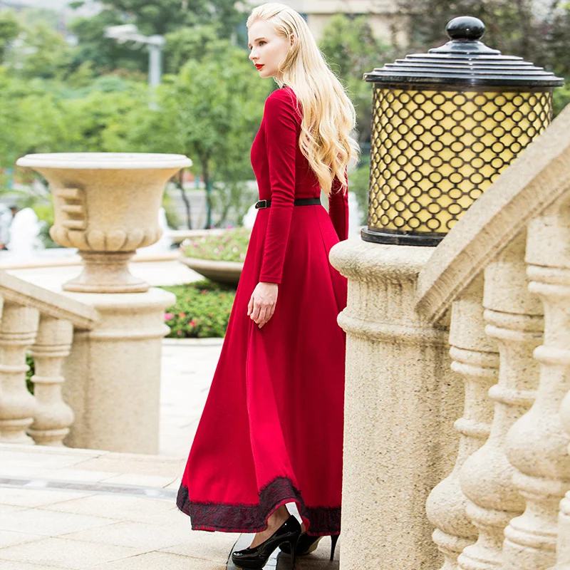 

2020 Autumn Winter Red Long Women Elegant Lace Maxi Dress Evening Party Dresses Clothes Plus Size 3xl 4xl SS6541