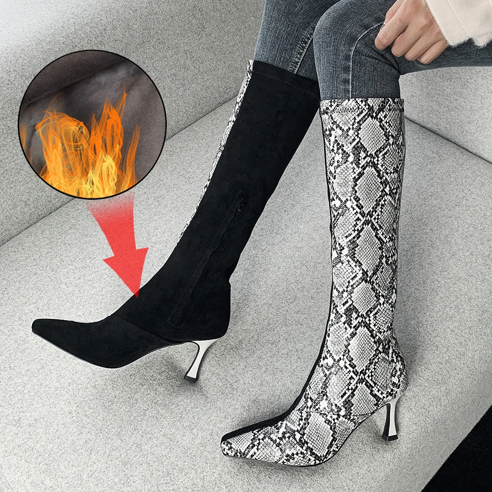 

Plus Size 34-43 Fashion 2020 Cowboy Boots Knee High Snake Print Pointed Toe Thin Heels New Brand Women Boots Party Shoes Zipper