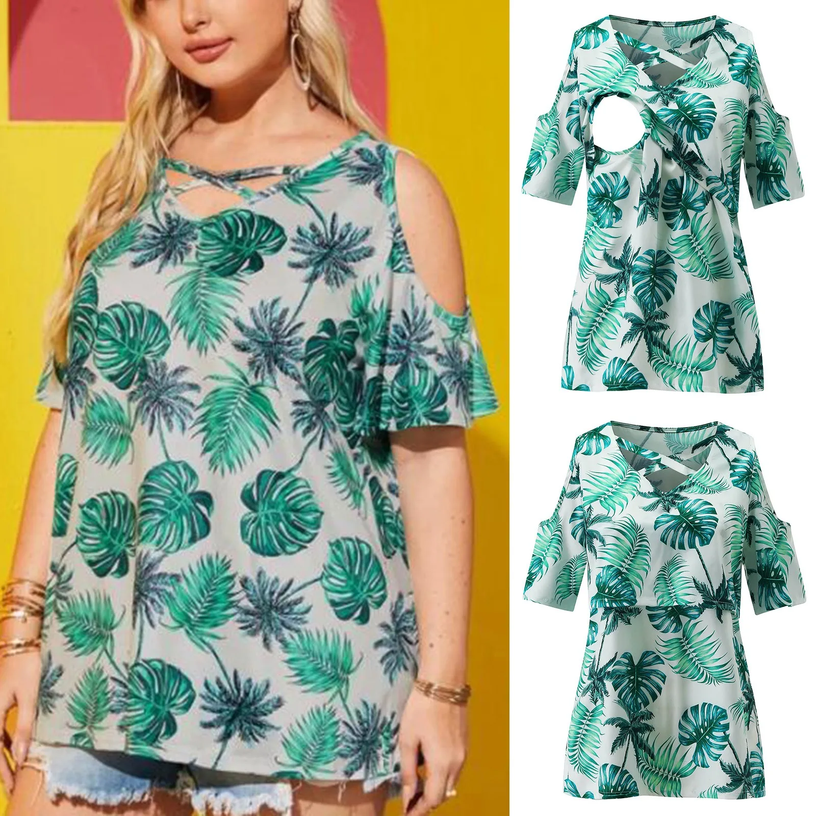 

Блузка для беременных с принтом женская футболка с коротким рукавом и V-образным вырезом для кормления грудью #0