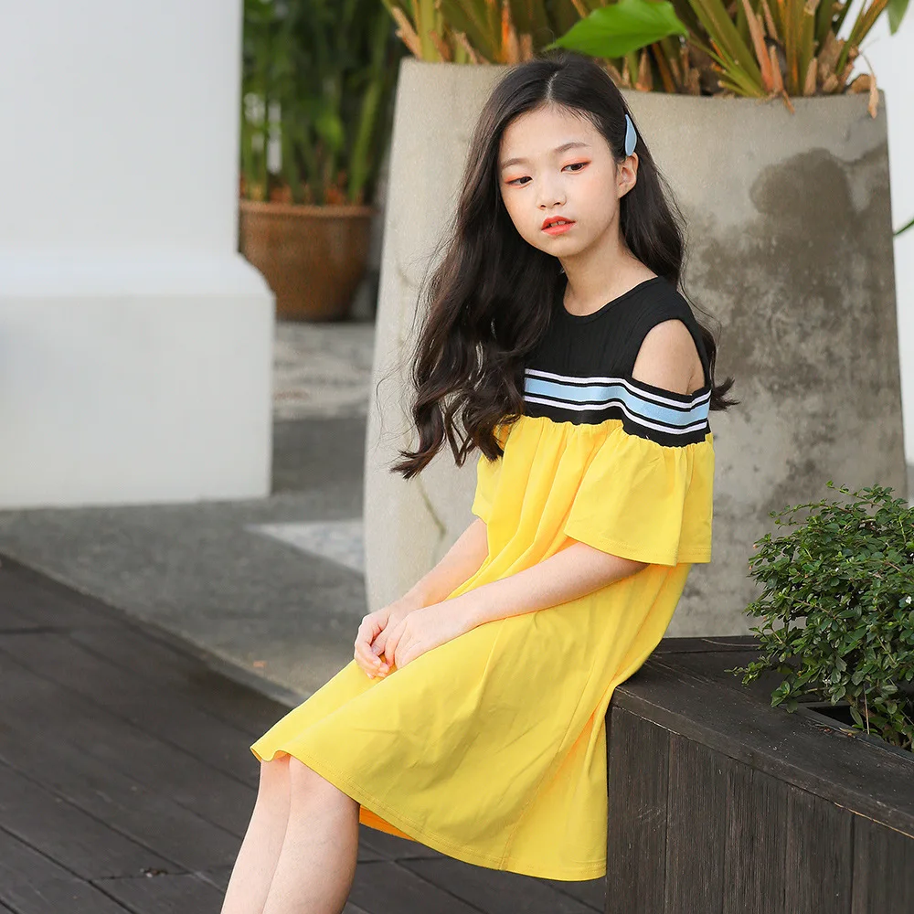 chinese style Strapless shoulder dress age for 6 - 16 yrs big girls summer clothes yellow princess costume teenage frocks | Детская