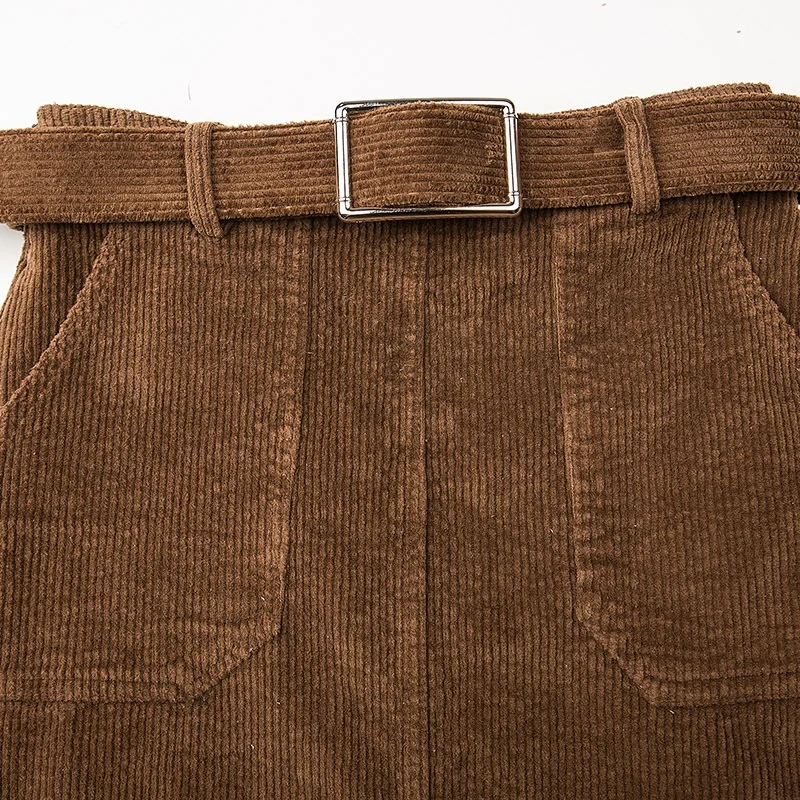 

Womens Casual High Waist Corduroy Midi Skirt with Pockets