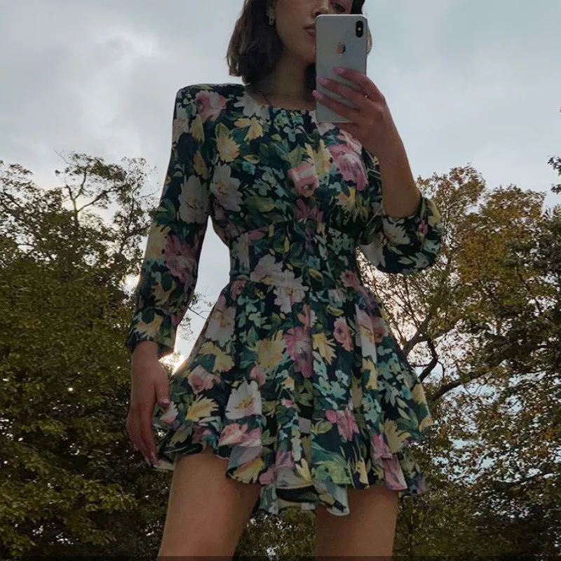 

Casual Vintage Print Women Dress 2020 Autumn Elegant O-neck Lantern Sleeves Ruffles Dress