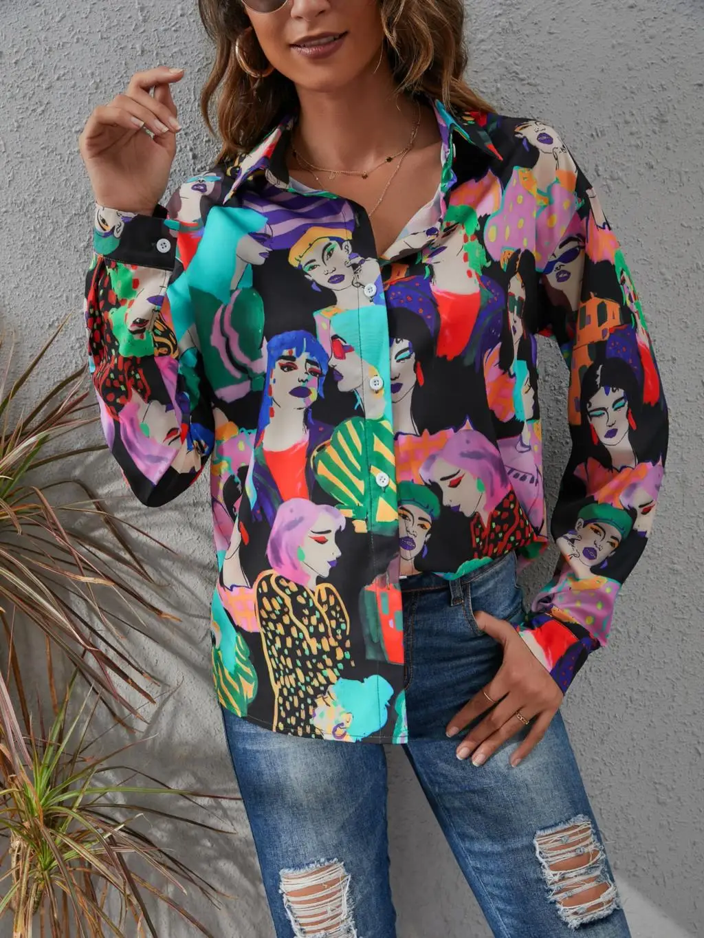 

Vintage Women Blouse Y2K Casual Loose POLO Collar Long Sleeve Top Coat Cool Style Streetwear Blouse 2021 Fashion Trend Print