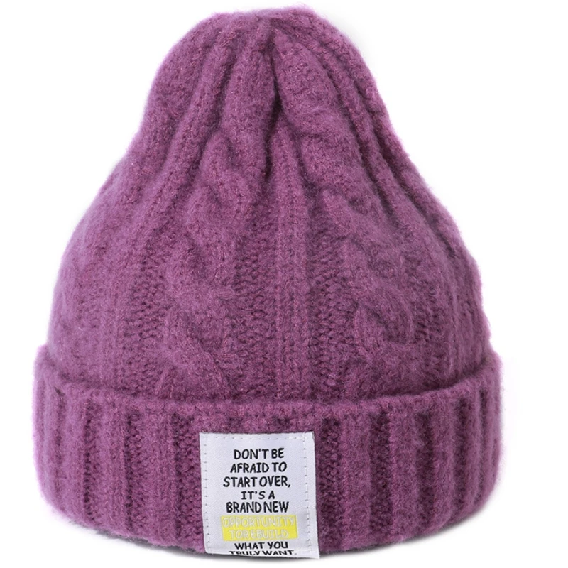 

Unisex Winter Chunky Cable Knit Beanie Cap Solid Color Letters Label Skull Hat