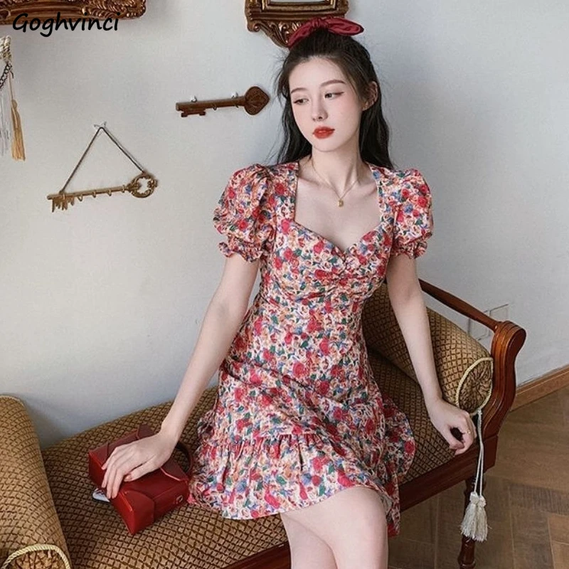 

Short Puff Sleeve Dress Floral Sweet Mini Vestidos Summer Tunic French All-match Vintage College Fashion Casual Sexy Feminino