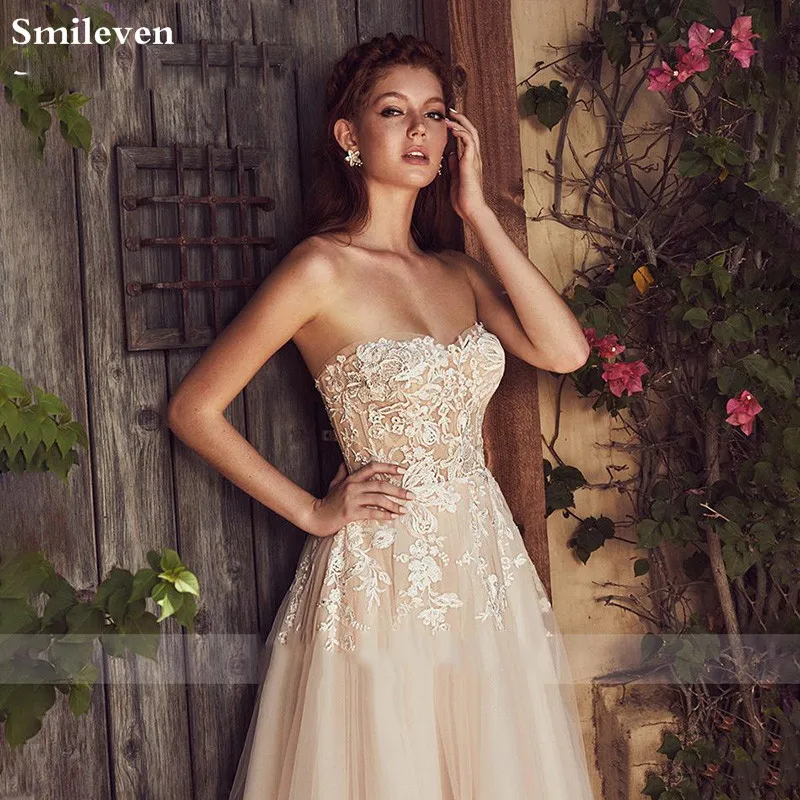 Smileven A Line Wedding Dress  Champagne Boho 2020  Sweetheart Neck Lace Bridal Gowns Robe de soriee Turkey Wedding Gowns