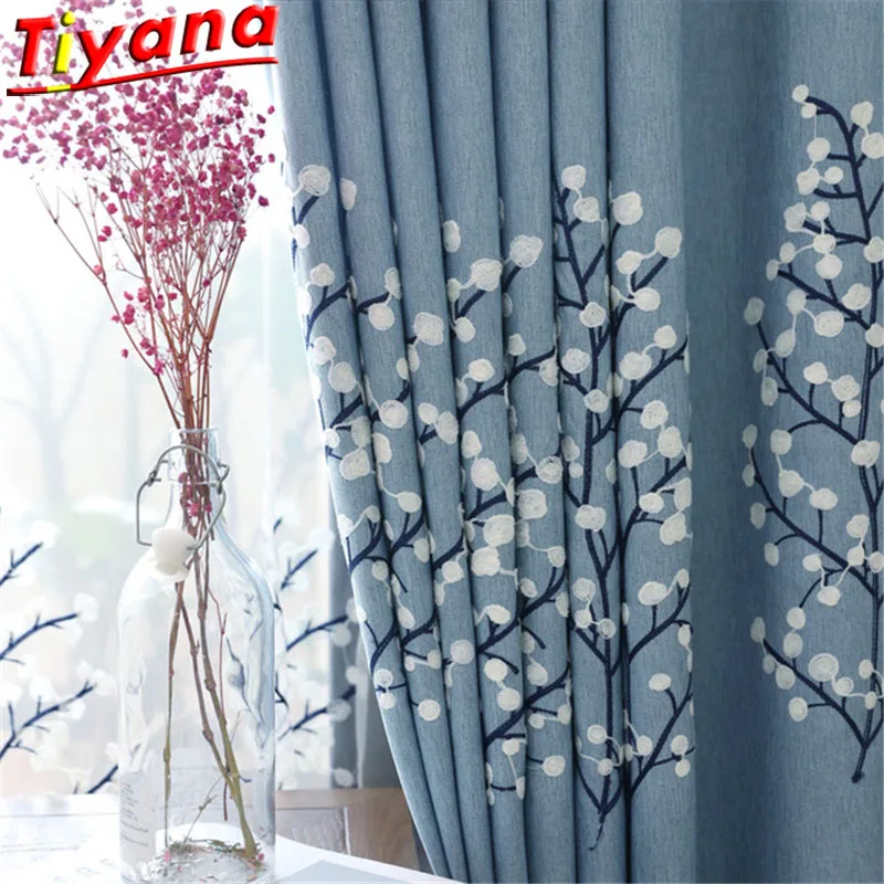 

Chinese Style Flower Embroidered Tulle Curtain for Living Room Modern Blue Plum Pattern Window Drapes Luxury Panel X-WP067#30