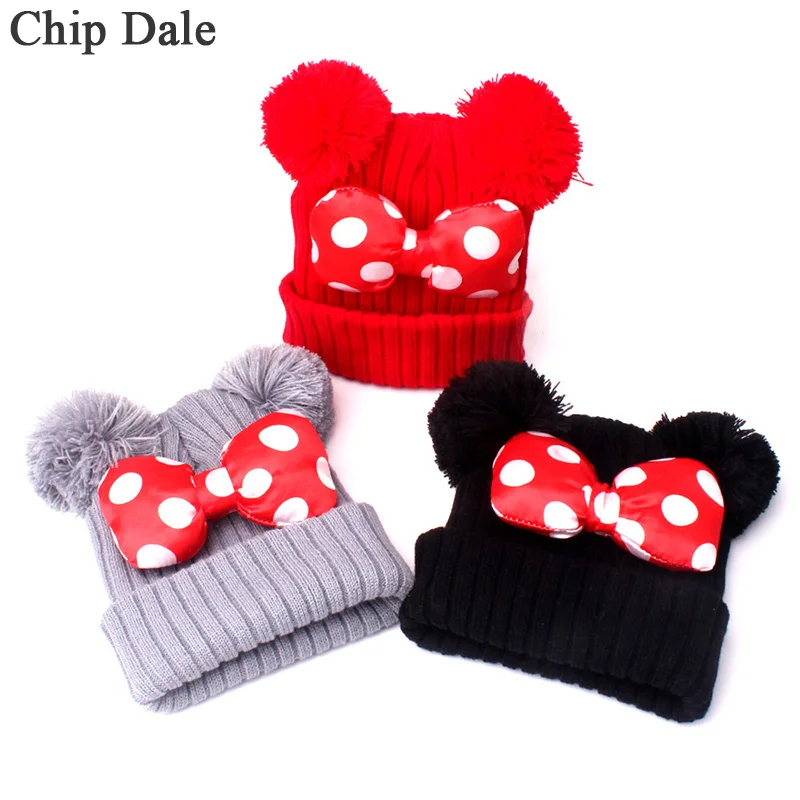 Double Pom Baby Hat Mickey Ear Beanie Girl Boy Bonnet Dot Big Bowknot Knitted Warm Hats Caps 6M-5T | Детская одежда и обувь