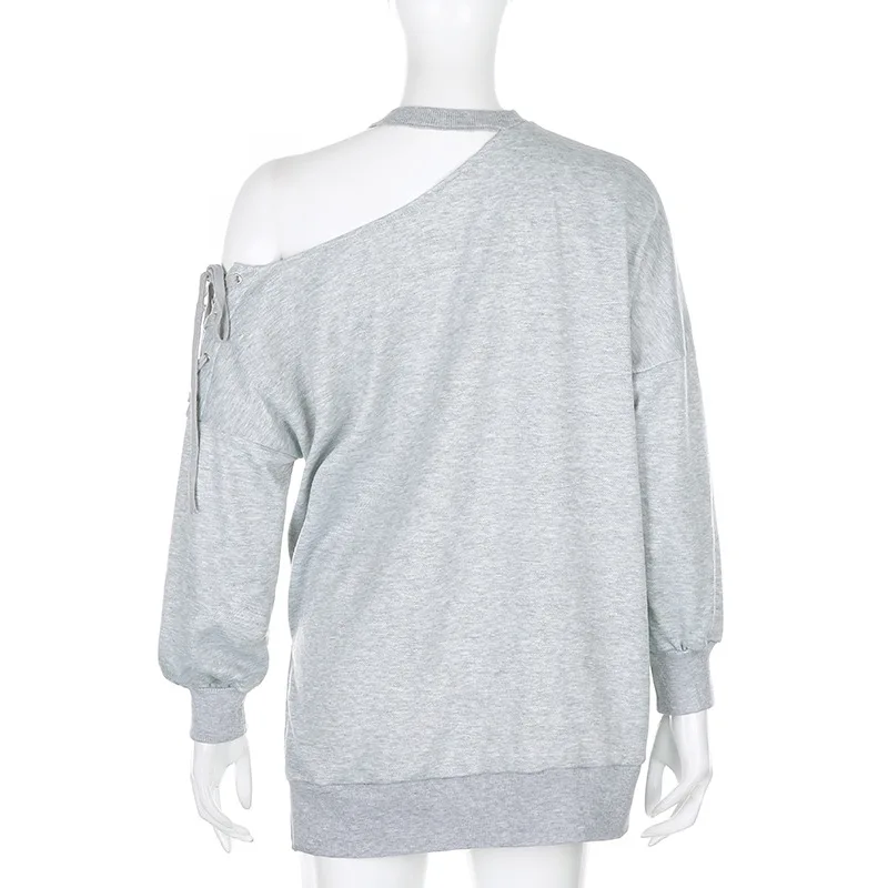 

Sexy Off Shoulder Grey Tie Up Oversized Sweatshirt Women Casual Loose Long Sleeve Split Y2K Hoodie Pullover Autumn Winter