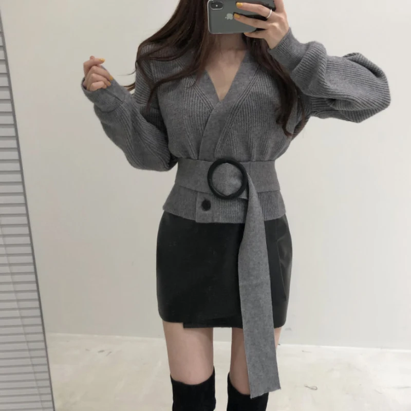 Осенне-зимний шикарный кардиган свитер 2019 корейский стиль Женский v-образный