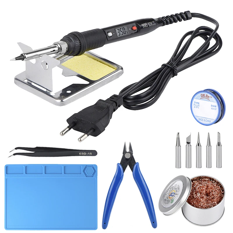 

JCD Electric Soldering Iron Kit Adjustable Temperature LCD Solder Iron Tips Tweezers 80W 220/110V ESD Insulation Working Mat