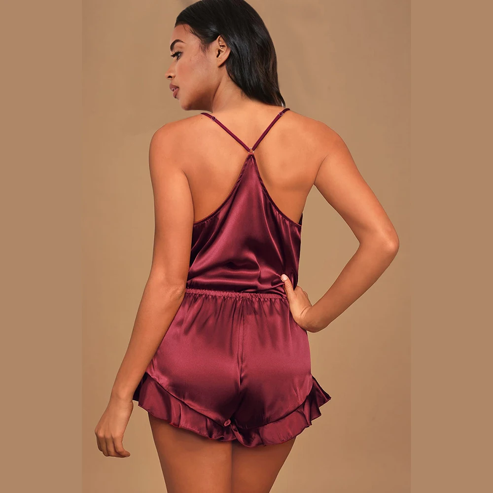 2020 New Women's Home Clothes two piece Summer European and American Satin Sexy V-neck Sling Split Pajama Suit