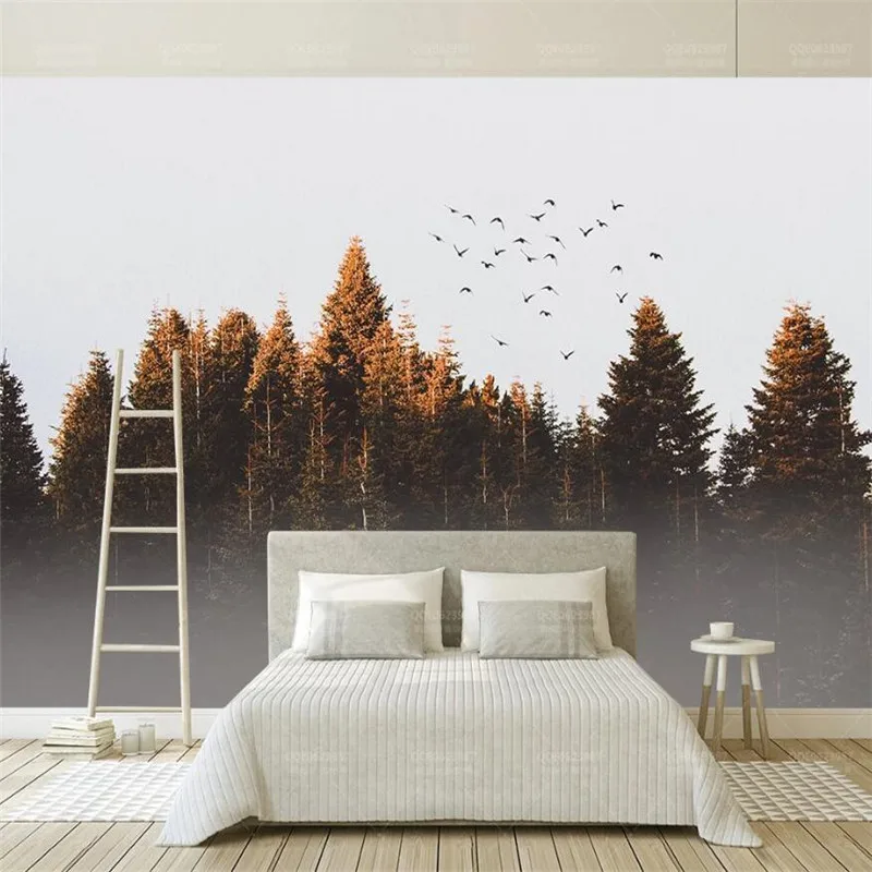 Milofi custom 3D wallpaper mural small fresh modern foggy forest cloud mist flying bird Nordic background wall home decoration w
