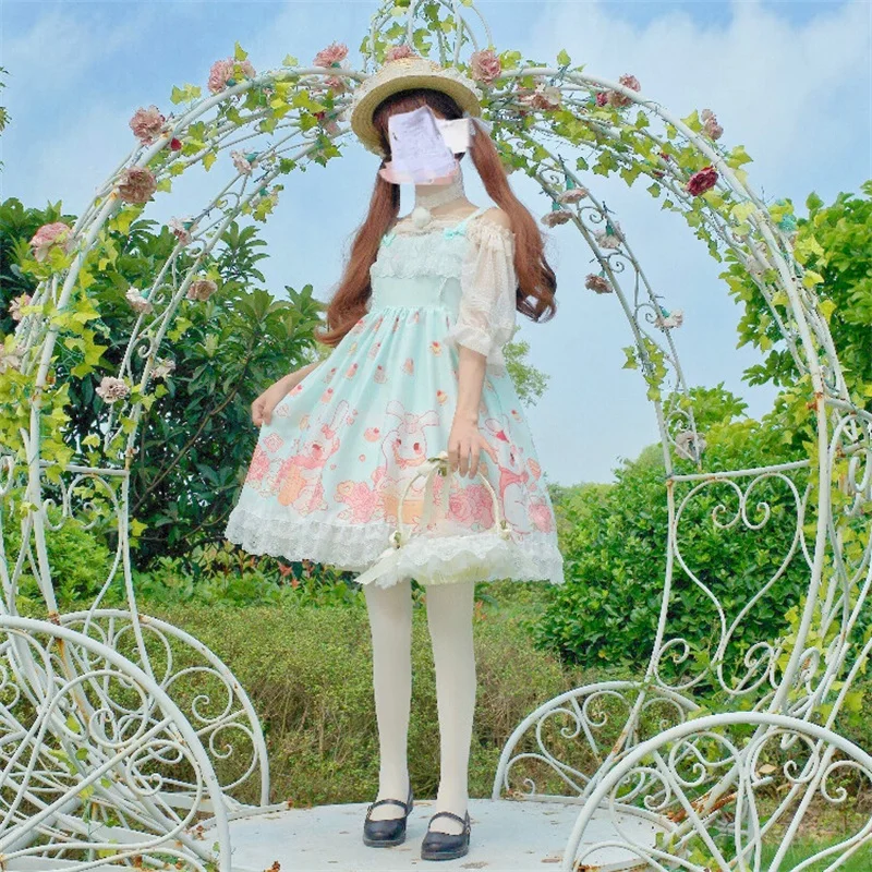 

Japanese Lolita Sweety Girly JSK Dress Kawaii Square Collar Bandage Bow Cartoon Printing Sleeveless Lace Ruffles Camisole Dress