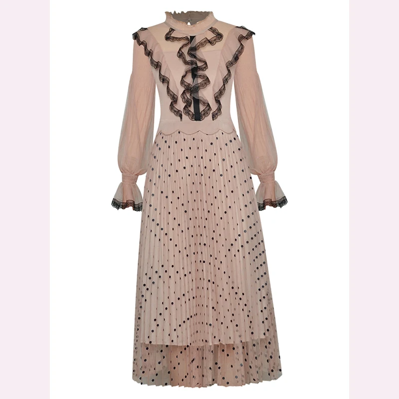 

Женское газовое платье в горошек, с воротником-стойкой и длинным рукавом-фонариком