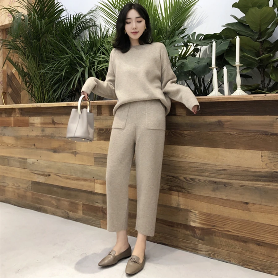 Autumn Winter Knitted Set Women Thick Warm O-Neck Loose Knit Suit Slim Pocket Harem Pants Oversized Casual Elegant Black Clothes