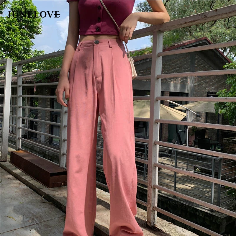 

JuneLove new spring women elegant long loose pants vintage lady high waist wide leg pants female casual street pant bottoms