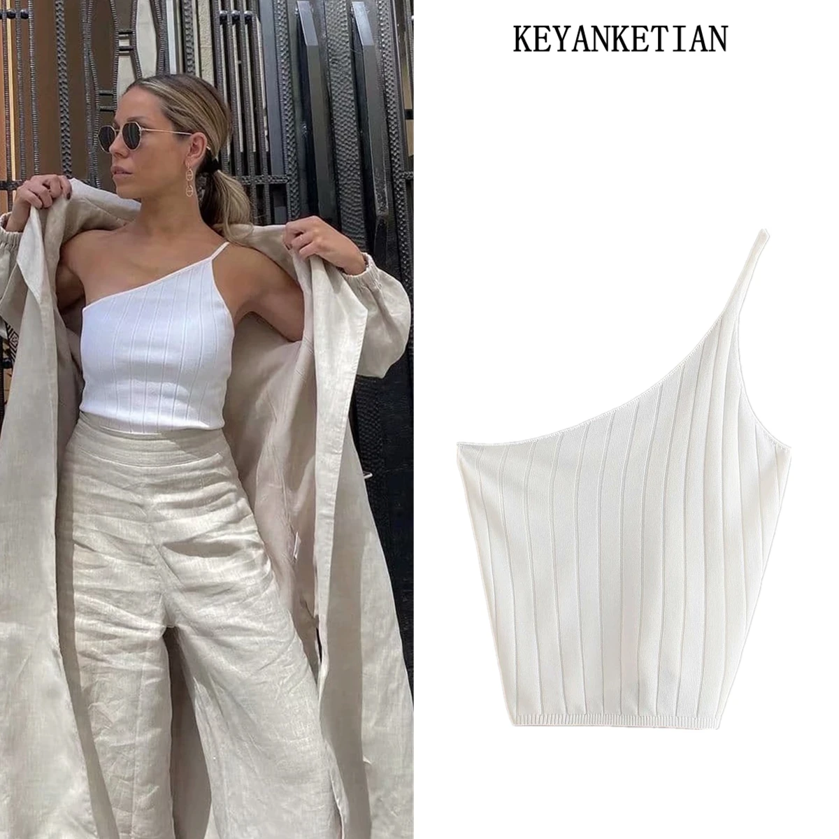 

KEYANKETIAN Retro irregular one-shoulder sling sexy fashion seven-point white knitted vest 2021 summer new women's clothing