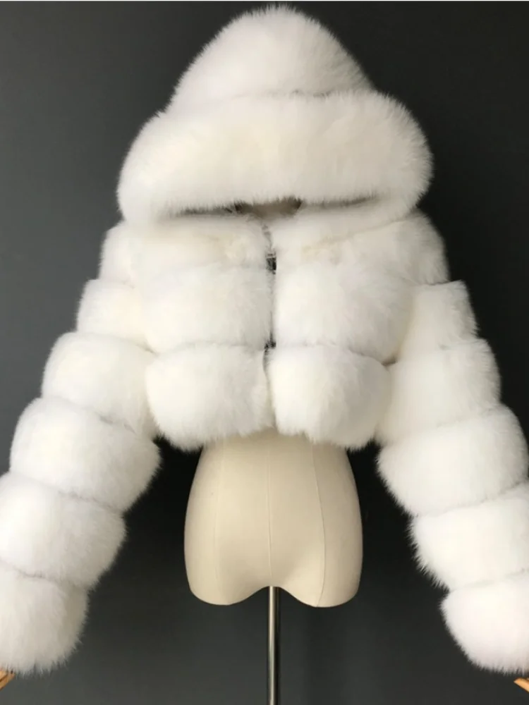 

Fashion Autumn Winter High Quality Faux Fox Fur Coat Women 2021 Vintage Long Sleeve with Cap Slim Short Jackets Furry Coat Femme