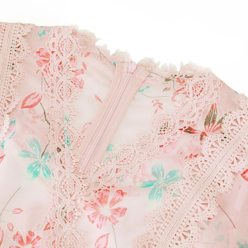 

New 2020 Summer Women Sexy V-neck Lace Hollow High Waist Dress Ladies Elegant Fashion Printing Chiffon Dress Midi Vestidos