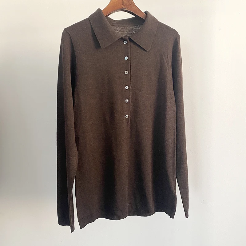 

Spring 100% Wool and Autumn New Long-sleeved Lapel Single-breasted Knitted Pullover Pure Color Casual All-match Base Sweater