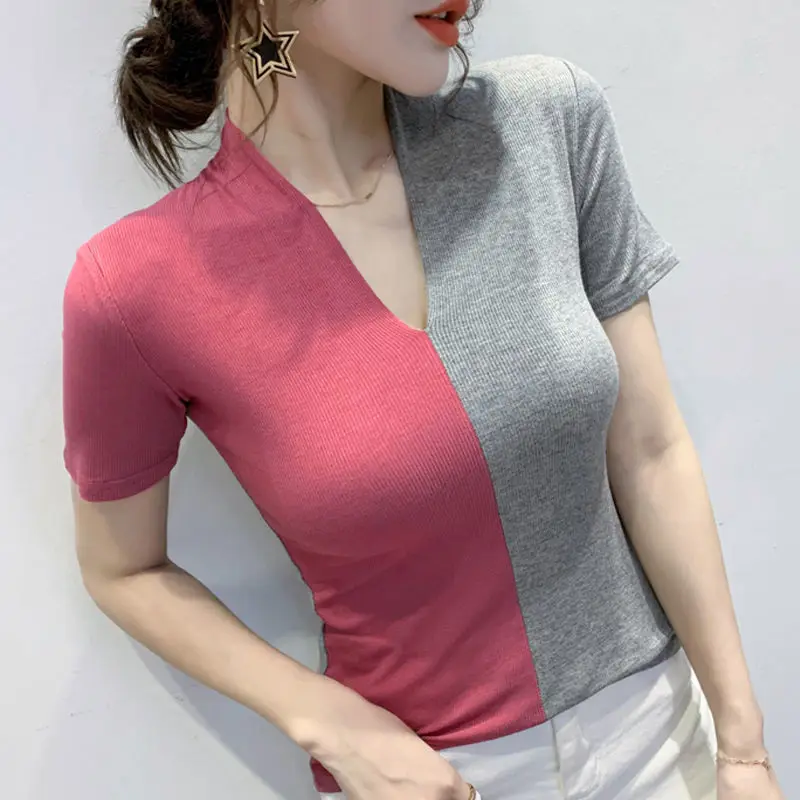 

2021 Summer New Short-sleeved Slim Slimming T-shirt Hit Color V-neck Fashion Stitching Women's Short-sleeved T-shirt Cotton Top